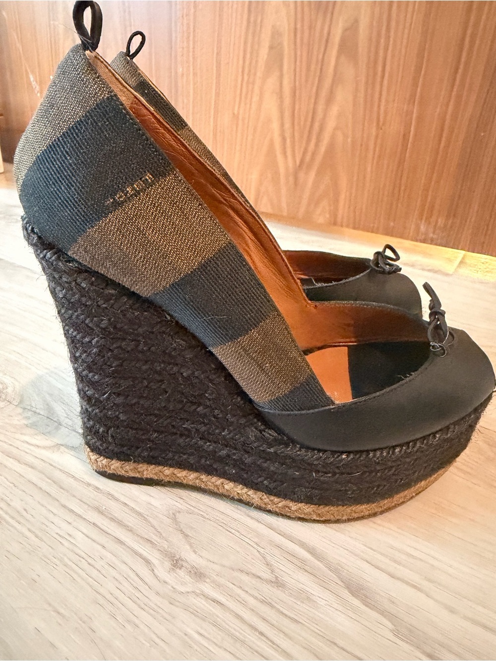 Fendi Black Leather Peep-Toe Platform Espadrille Wedges - Picture 2 of 6
